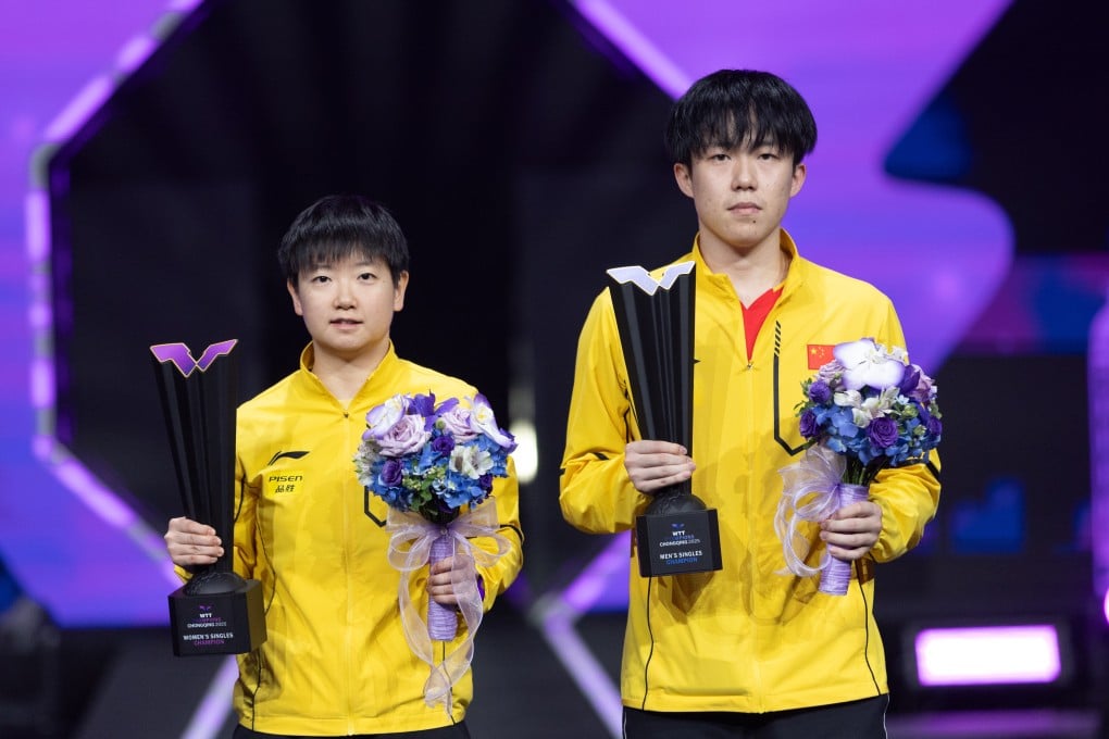 Sun Yingsha (left) and Wang Chuqin hold their trophies after the WTT Champions Chongqing finals. Photo: Xinhua