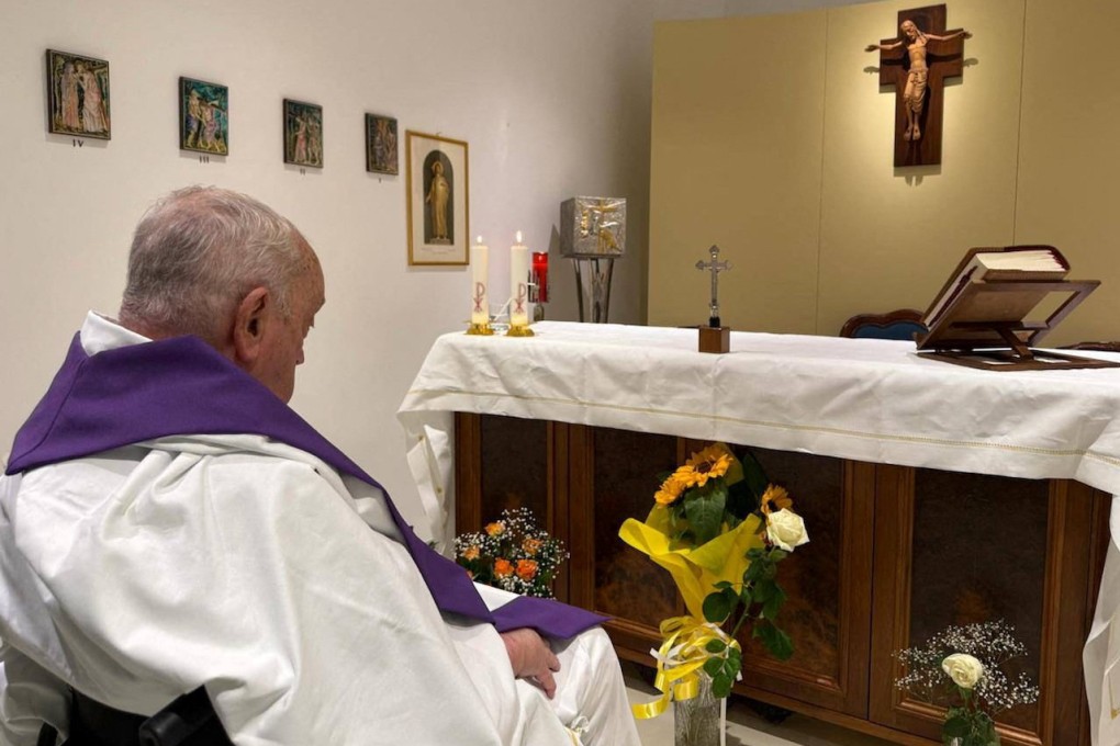 The image taken from behind him shows Francis seated in a wheelchair, wearing a cassock and stole. Photo: Holy See Press Office via Reuters
