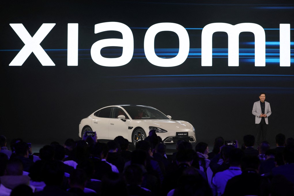 Xiaomi’s founder and CEO Lei Jun during the launch of the company’s first electric vehicle, the SU7, in Beijing in December 2023. Photo: Reuters