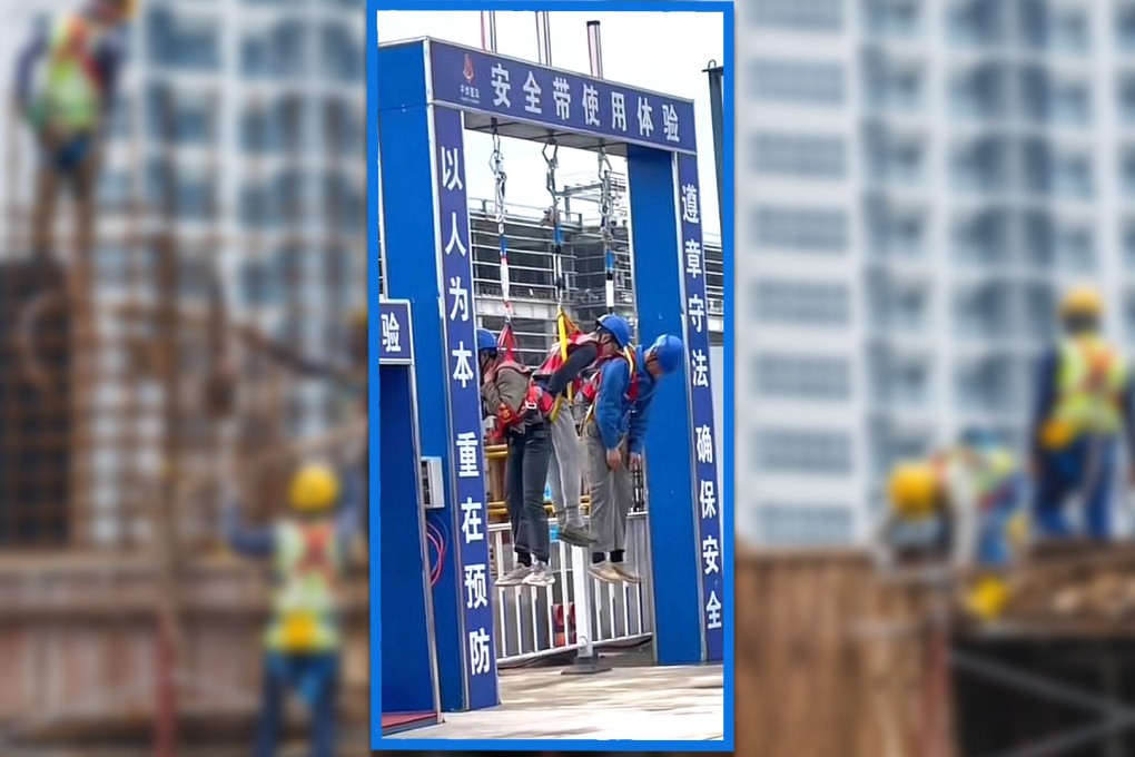 Three construction workers in China were hung from a gate by their harnesses as part of their safety training, sparking public shock. Photo: SCMP composite/Shutterstock/Douyin