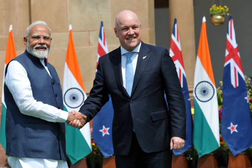 Indian Prime Minister Narendra Modi and New Zealand Prime Minister Christopher Luxon in New Delhi on Monday. Photo: ZUMA Press Wire/dpa