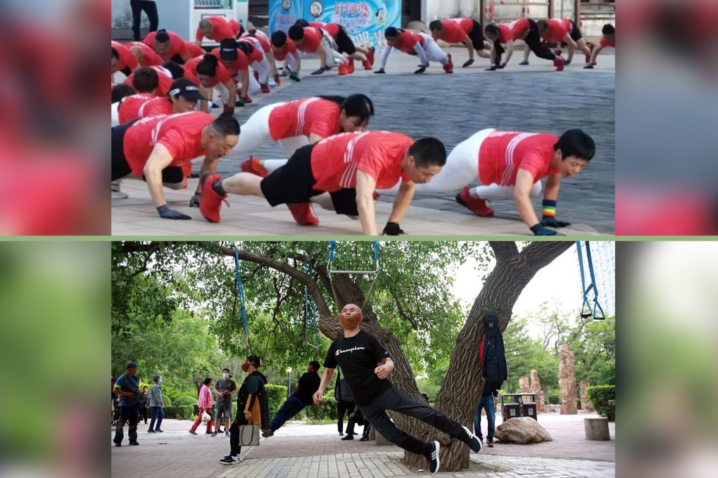Chinese seniors engage in unique workout routines, such as crocodile crawling and hanging from trees by their necks to promote robust health and longevity. Photo: SCMP composite/QQ.com/iften