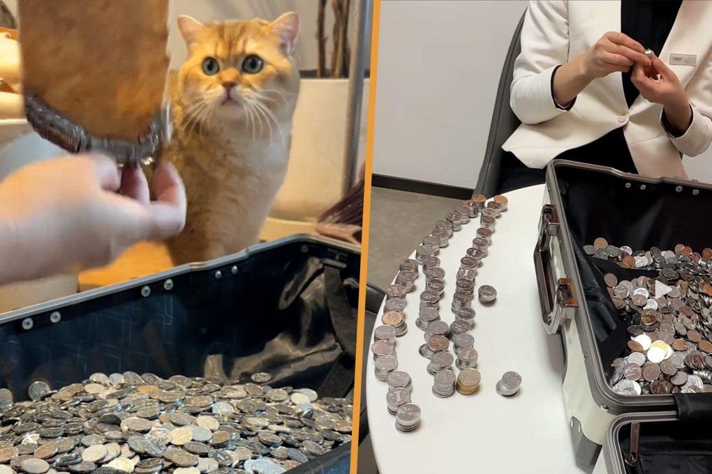 Outraged by poor property management services, a woman in China uses 6,000 coins to pay an outstanding residency fee. Photo: SCMP composite/Douyin