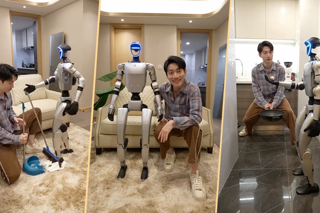 An influencer in China has rented a robot for US$1,400 a day to do housework, and go on a date with him. Photo: SCMP composite/RedNote