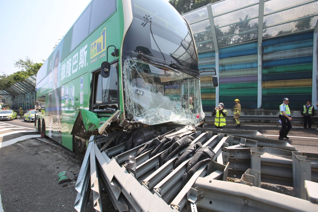 A bus crashed into a road barrier on a highway in northeastern Hong Kong. Photo: Handout