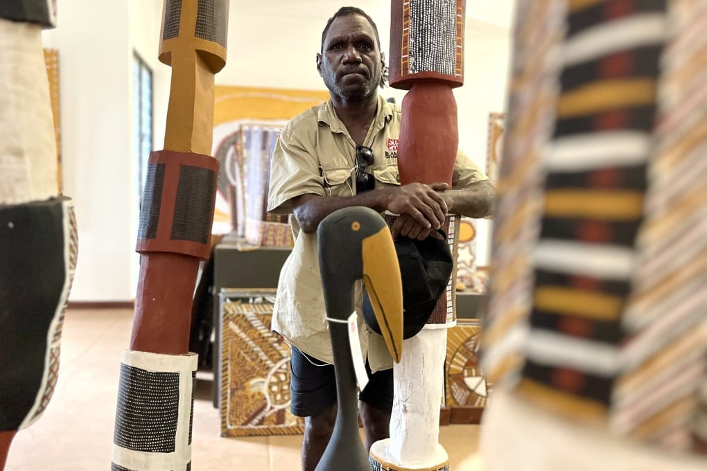 Artist Pedro Wonaeamirri, a senior cultural leader on Australia’s Tiwi Islands, is photographed at the Jilamara Arts & Crafts Association, an indigenous arts centre in Milikapiti, Melville Island, on February 13, 2025. Photo: Kylie Knott