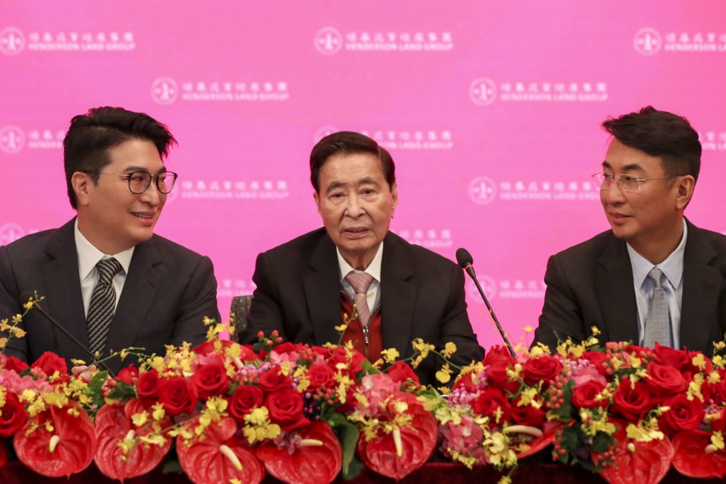 (From left) Henderson Land chairman Lee Shau-kee (centre) with vice-chairmen Martin Lee Ka-shing (left)  and Peter Lee Ka-kit at the annual general meeting on May 28, 2019. Photo: Sam Tsang