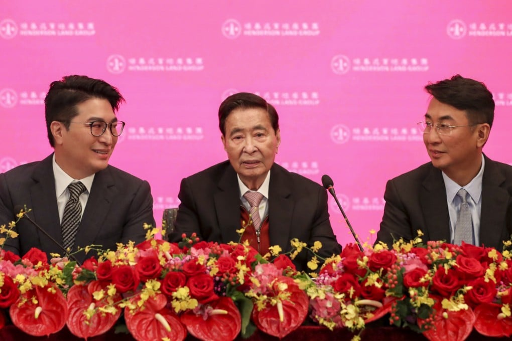 (From left) Henderson Land chairman Lee Shau-kee (centre) with vice-chairmen Martin Lee Ka-shing (left) and Peter Lee Ka-kit at the annual general meeting on May 28, 2019. Photo: Sam Tsang