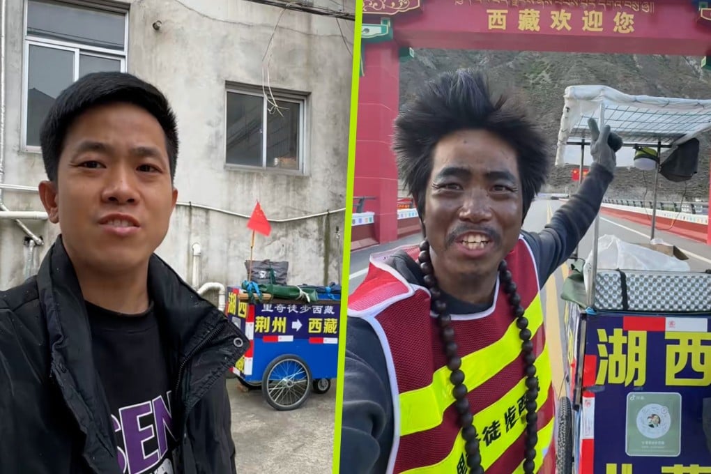 A young man who hiked 3,300 kilometres across China has emerged looking much, much older. Photo: SCMP composite/Douyin