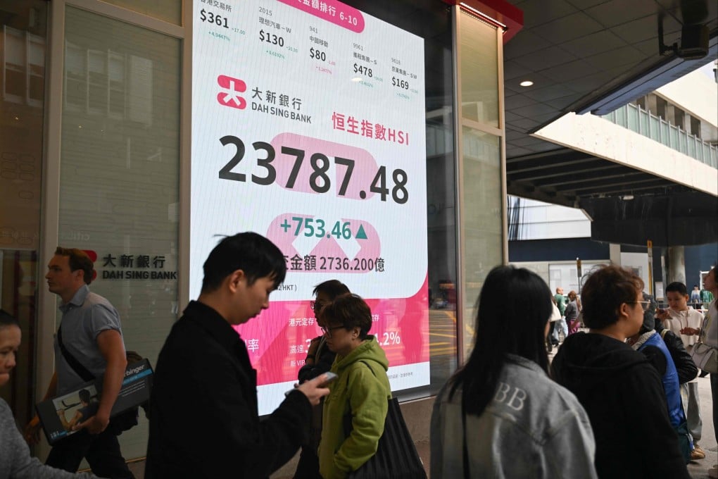 People walk past an electronic sign showing the Hang Seng Index in Hong Kong on February 26, 2025. Photo: AFP