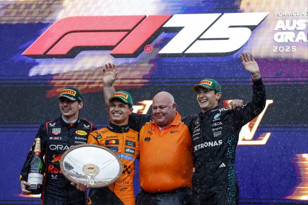 Lando Norris (second from left) celebrates victory at the Australian GP next to Max Verstappen (left) and George Russell (right). Photo: Xinhua