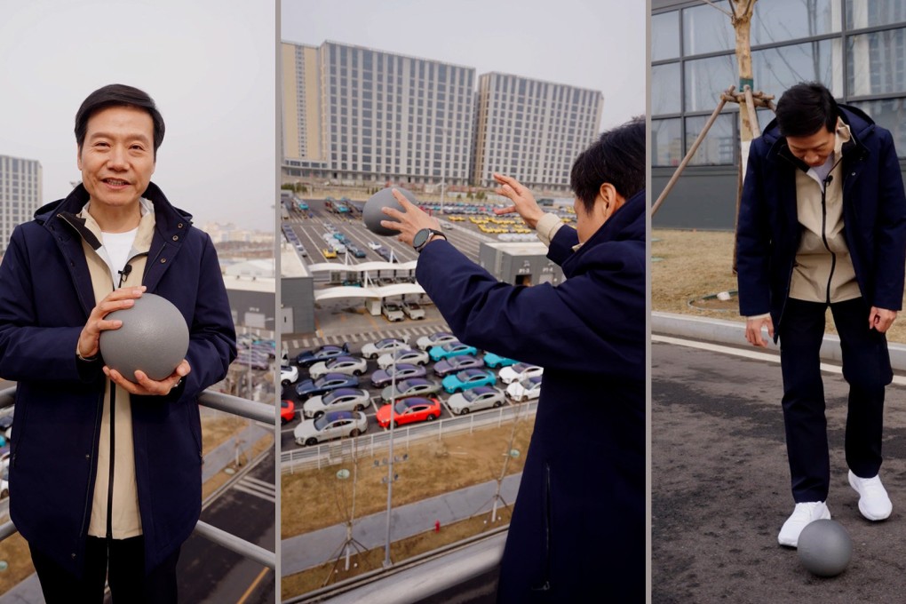 Xiaomi’s founder, Lei Jun, demonstrates the company’s bulletproof coating by dropping watermelons from a height, leading to a wave of online humour. 
Photo: SCMP composite/Douyin