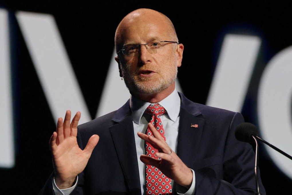 Brendan Carr, chairman of the US Federal Communications Commission, delivers a speech at the Mobile World Congress in Barcelona on March 3. Photo: AFP