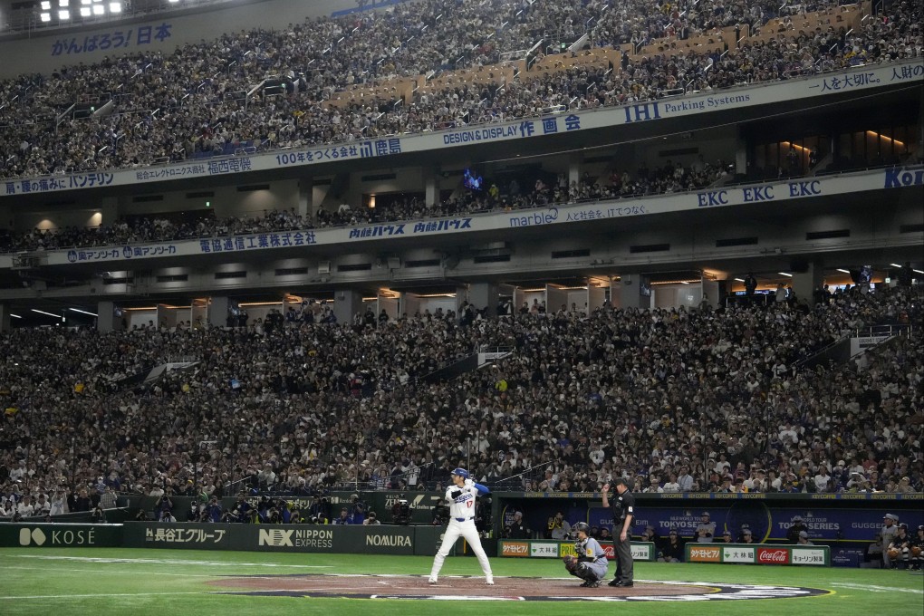 Los Angeles Dodgers’ Shohei Ohtani bats against the Hanshin Tigers during the third inning in an MLB Japan Series exhibition game in Tokyo. Photo: AP