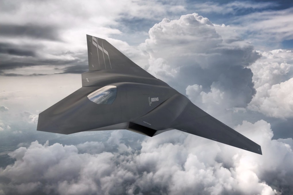 Boeing renderings of the next-generation fighter jet, dubbed the F-47, depict a flat, tailless aircraft with a sharp nose. Image: Boeing