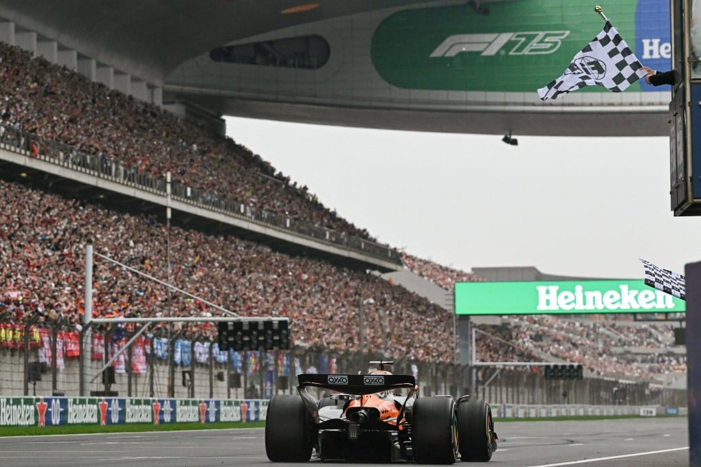 Oscar Piastri crosses the finish line to win the Chinese Grand Prix at the Shanghai International Circuit. Photo: AFP