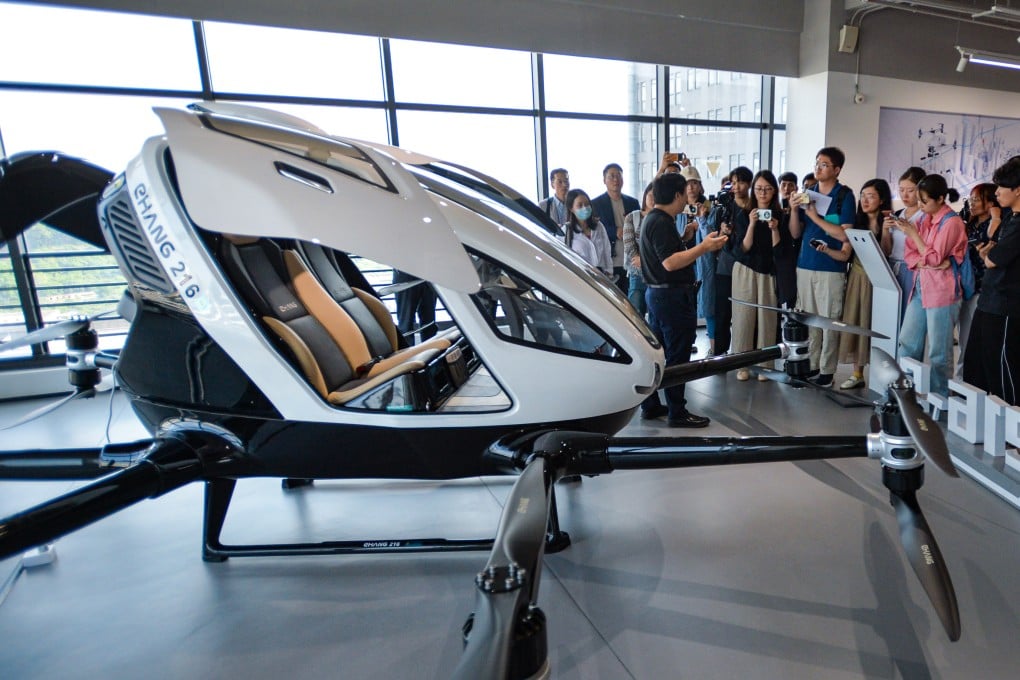 A pilotless passenger-carrying drone is displayed in Guangzhou, Guangdong province. Photo: Xinhua