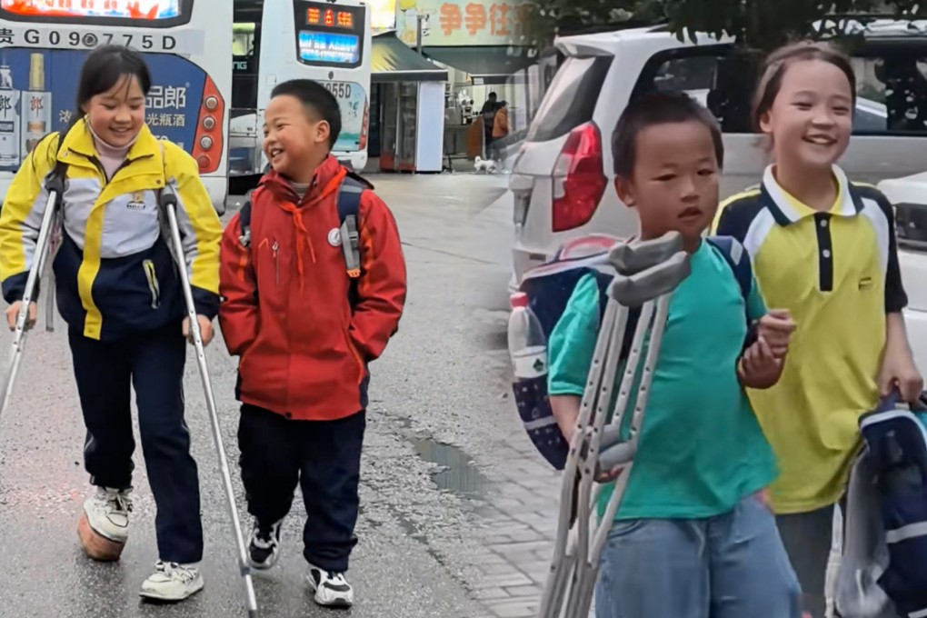 A boy in China has been commended for assisting his older sister, who has a partially amputated leg, in returning home every day. Photo: SCMP composite/Douyin