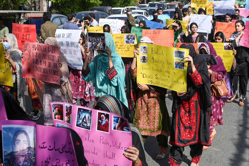 Activists from the Baloch Students Council taking part in a protest demanding the release of Mahrang Baloch, in Lahore on Sunday. Photo: AFP