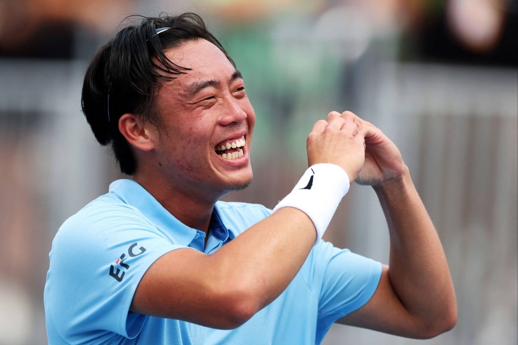 An emotional Coleman Wong celebrates after beating Ben Shelton at the Miami Open. Photo: Getty Images