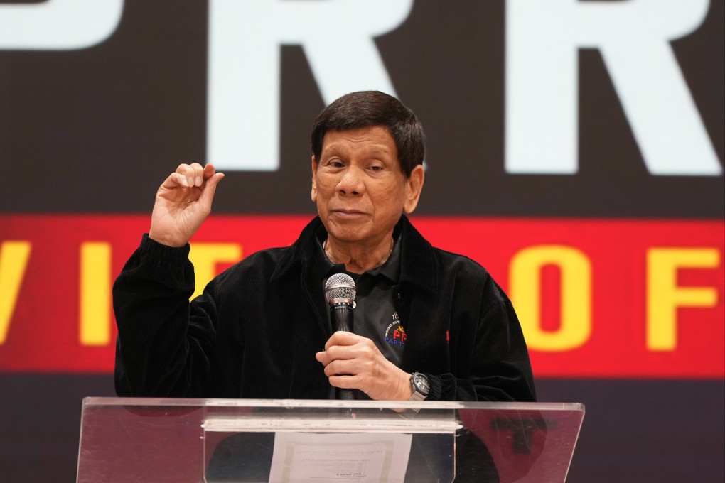 Former Philippine president Rodrigo Duterte speaks at an event in Hong Kong on March 9. He was arrested when he returned to Manila two days later. Photo: Sam Tsang