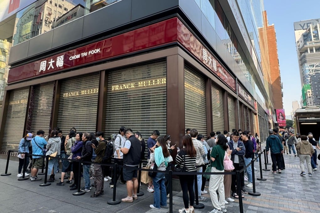 Hong Kong consumers queue outside Chow Tai Fook at iSquare for the Chiikawa collection. Photo: handout