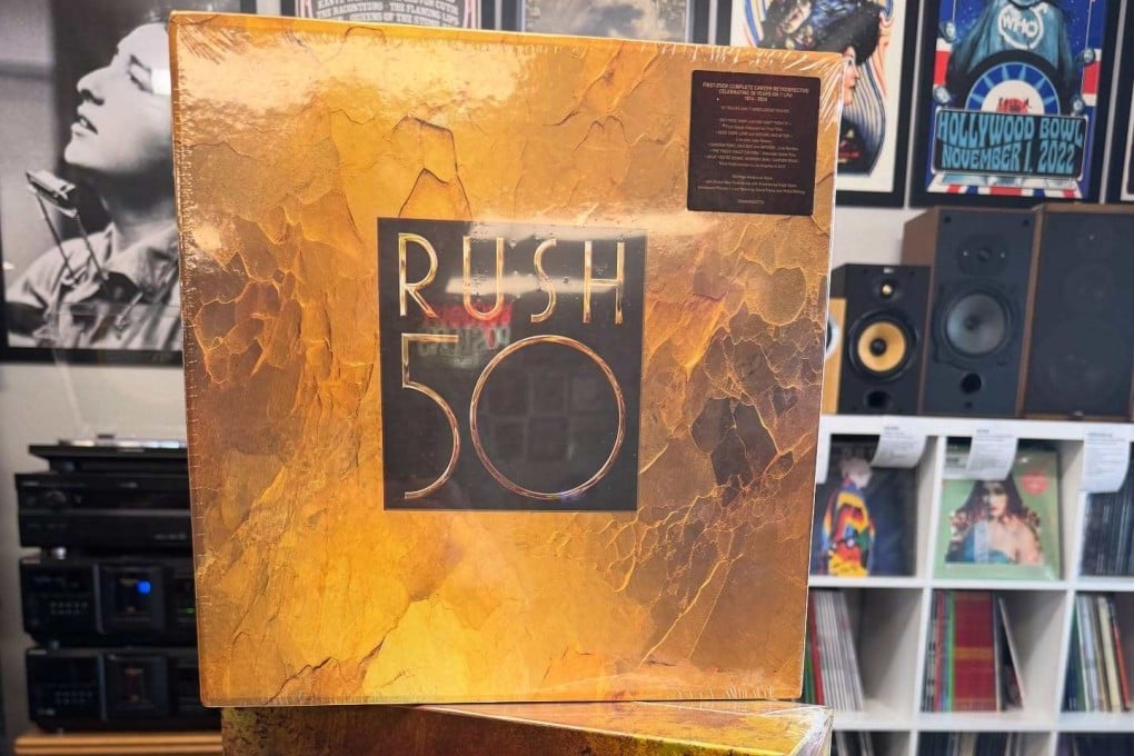 Canadian rock giants Rush are celebrating 50 years with a 50-song box set. Above: the vinyl version of Rush 50 on display in a record store in the US state of Colorado. Photo: Instagram/soldoutvinylrecords
