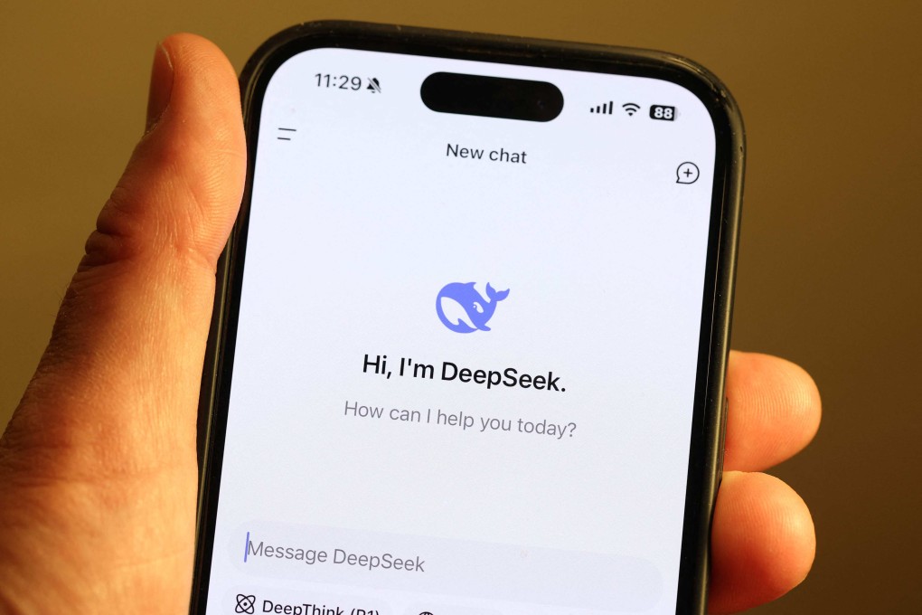 The DeepSeek app displayed on an iPhone on January 27. Apple CEO Tim Cook praised the Chinese start-up for its innovative AI models. Photo: Getty Images via AFP