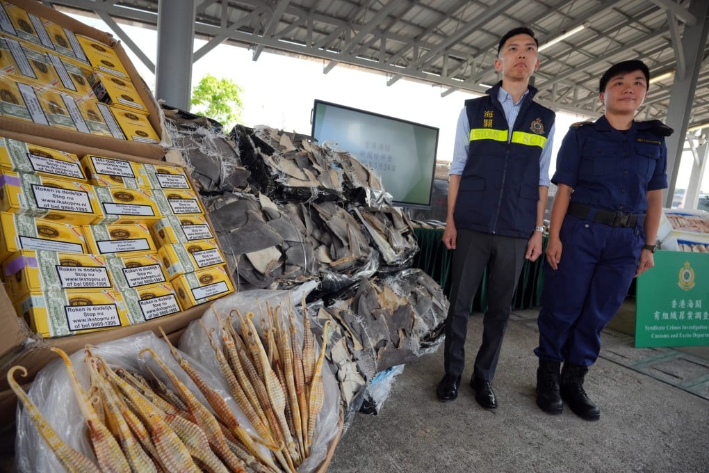 Customs displays HK$25 million in contraband seized after chasing down smugglers at sea. Photo: May Tse