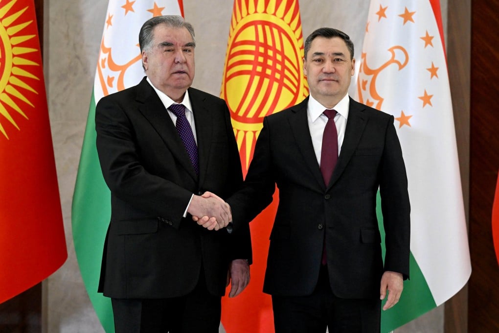 Kyrgyzstan President Sadyr Japarov (right) shakes hands with his Tajik counterpart Emomali Rahmon at Bishkek on March 13. Photo: Reuters/Kyrgyz Presidential Press Service