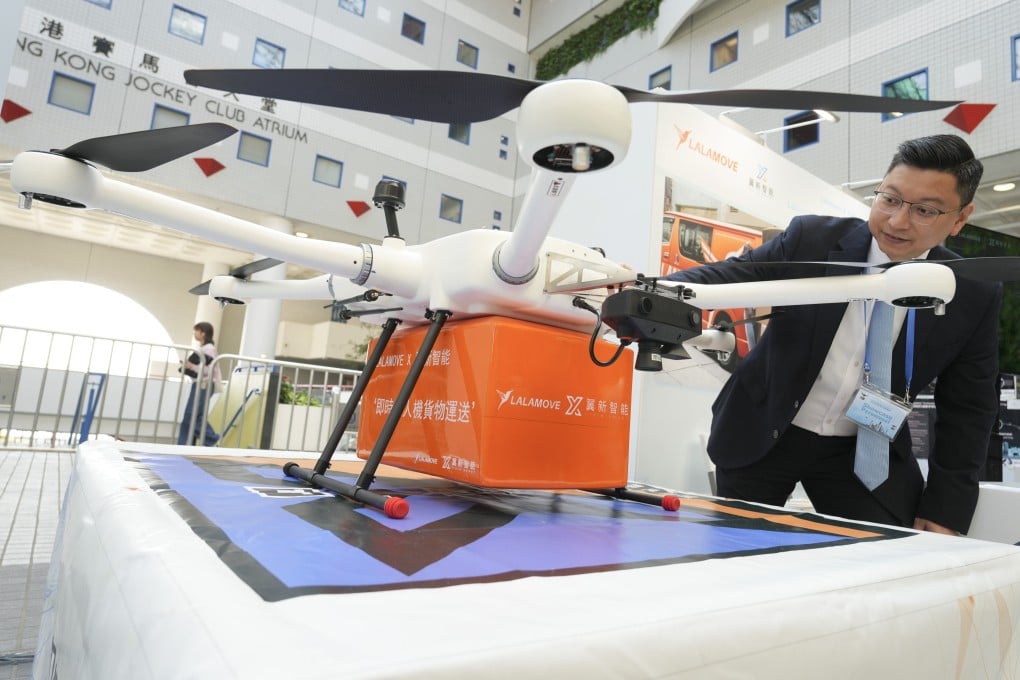A drone designed to deliver packages is on display at the Hong Kong University of Science and Technology on March 25. Photo: Sam Tsang