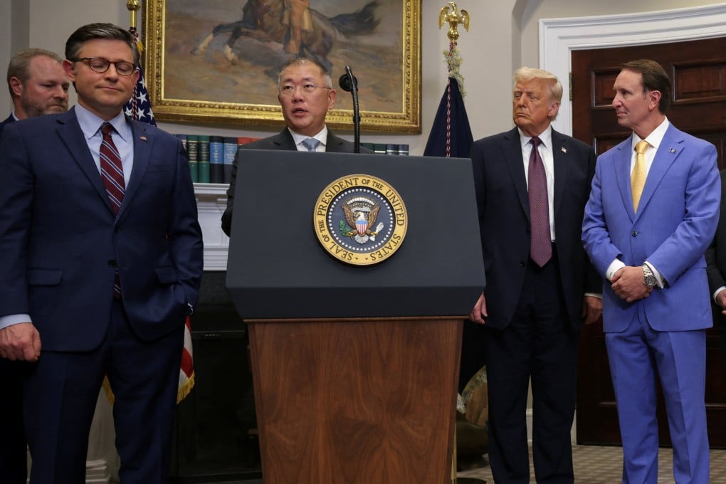 Hyundai executive chairman Euisun Chung speaks as US President Donald Trump, Governor of Louisiana Jeff Landry, far right, and US House of Representatives Speaker Mike Johnson, left, look on in the Roosevelt Room at the White House in Washington on Monday. Photo: Reuters