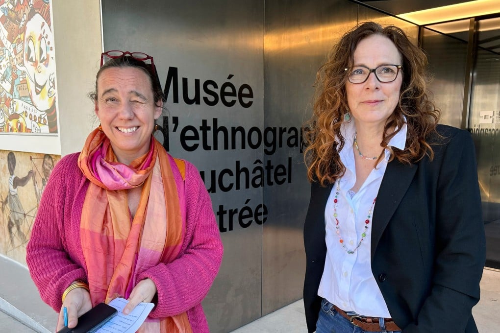 Marianne de Reynier Nevsky (left), the cultural mediation manager in Neuchâtel, and town council member Julie Courcier Delafontaine, chat about a new “museum prescription” programme outside the Ethnographic Museum of Neuchâtel in Neuchâtel, Switzerland, on March 19, 2025. Photo: AP