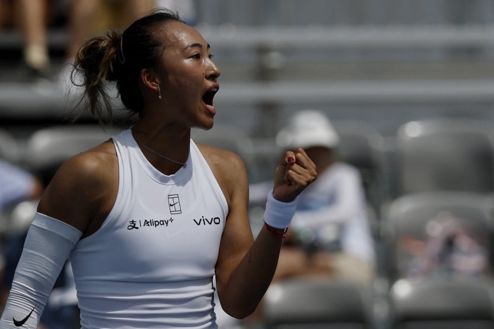Zheng Qinwen celebrates after winning a point against Ashlyn Krueger in the last 16 at the Miami Open. Photo: Reuters