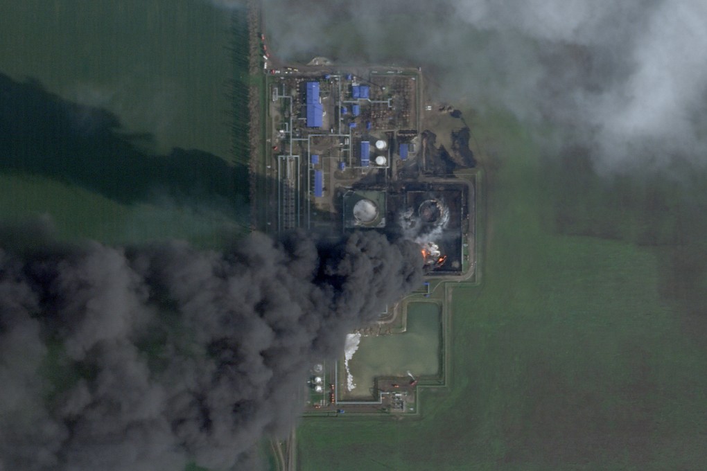 A satellite image shows smoke erupting from the Kavkazskaya depot following a Ukrainian drone attack, in Krasnodar Region, Russia. Photo: Planet Labs PBC via Reuters