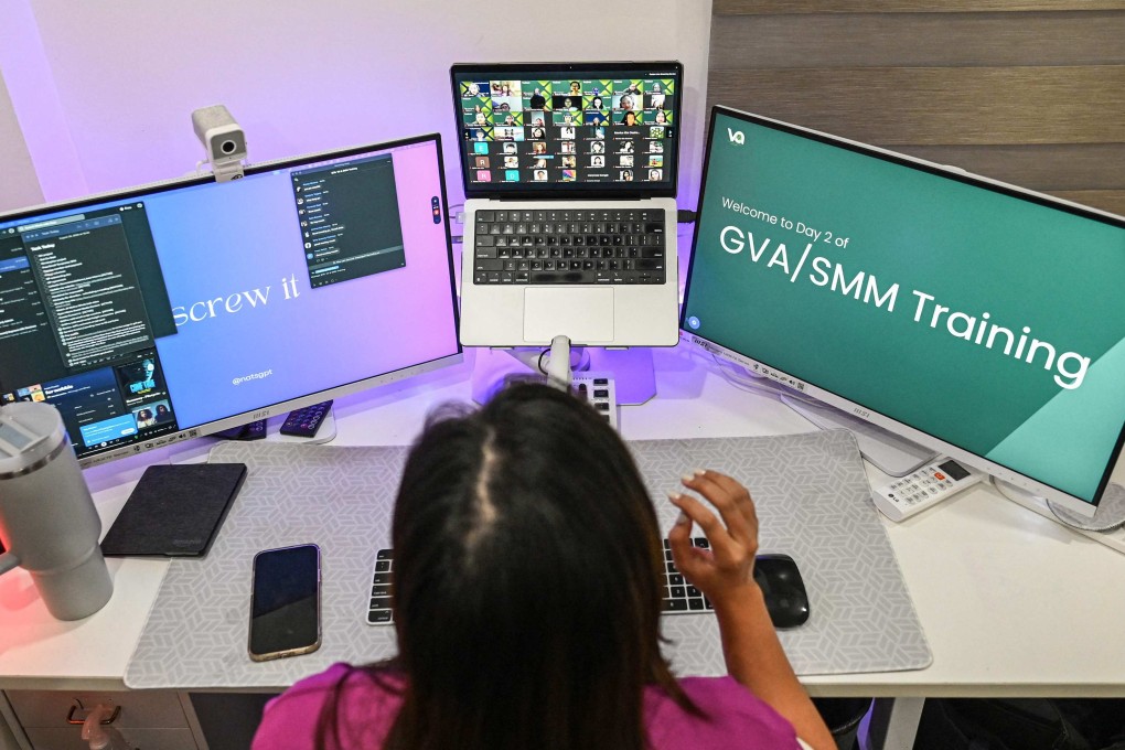 Filipino “virtual assistant” Nathalie Mago conducts online training at her home in San Jose del Monte, the Philippines. Photo: AFP