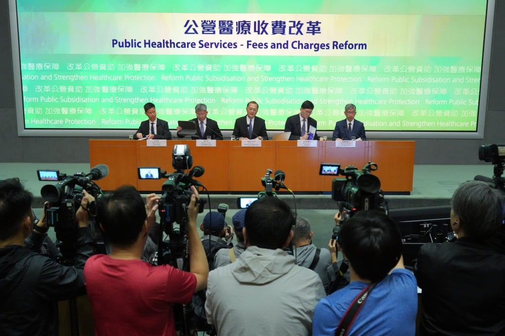 Left to right: Sam Hui, Hong Kong deputy director for health; Thomas Chan, Hong Kong permanent secretary for health; Lo Chung-mau, Hong Kong secretary for health; Tony Ko, chief executive of the Hong Kong Hospital Authority; and Simon Tang, director of cluster services of the Hong Kong Hospital Authority hold a press conference about changes to the city’s medical fees on Wednesday. Photo: May Tse
