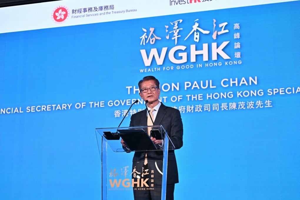 Financial Secretary Paul Chan speaks at the Wealth for Good in Hong Kong summit on Wednesday. Photo: ISD