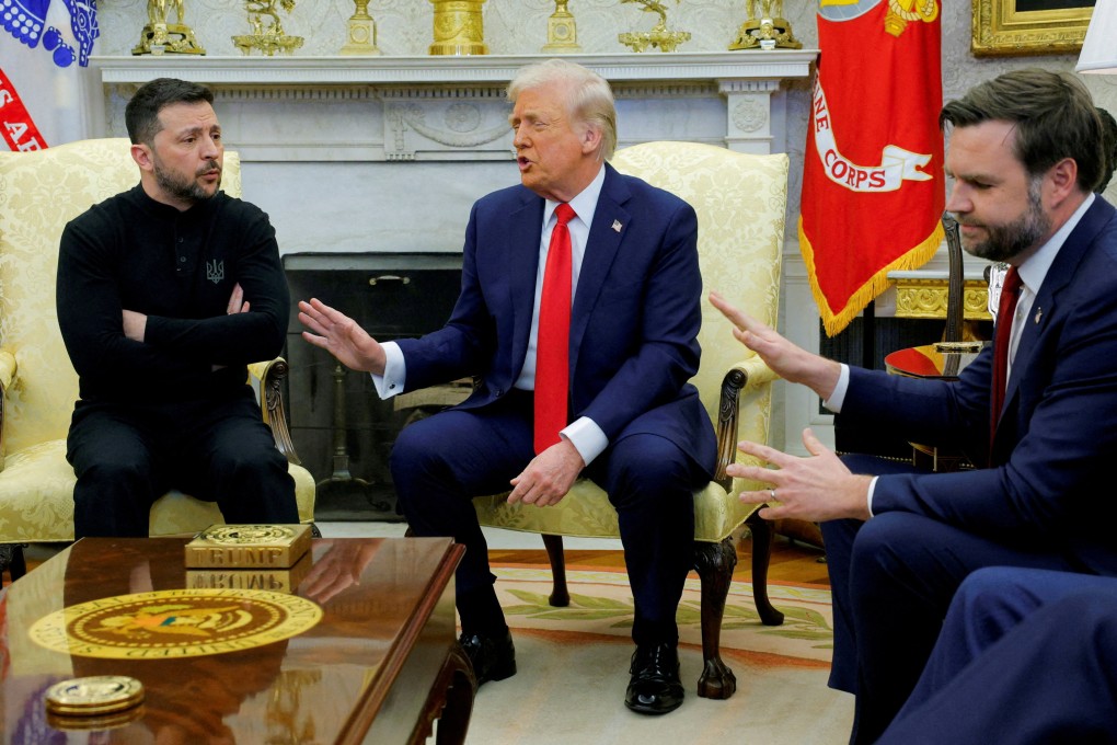 US President Donald Trump meets with Ukrainian President Volodymyr Zelenskiy as US Vice-President JD Vance reacts at the White House in Washington on February 28. Photo: Reuters