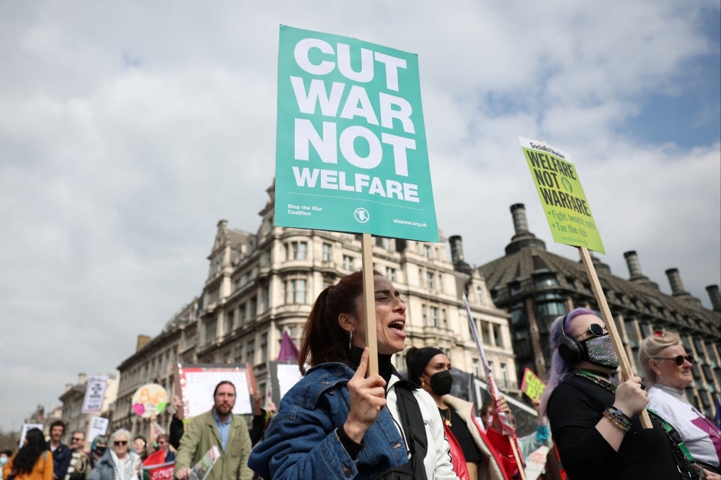 People protest against possible welfare cuts, on the day British Chancellor of the Exchequer Rachel Reeves presents the Spring Statement to Parliament on Wednesday. Photo: Reuters