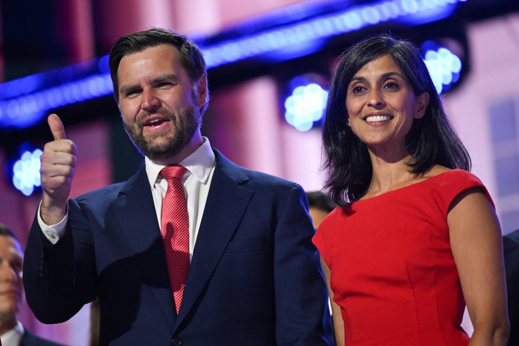 J.D. Vance and his wife, Usha Vance, stand on stage on the last day of the Republican National Convention in Milwaukee, Wisconsin, in July 2024. Photo: AFP