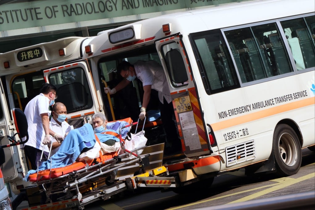 A patient is wheeled onto a non-emergency ambulance at Queen Elizabeth Hospital in Yau Ma Tei. Photo: Jelly Tse