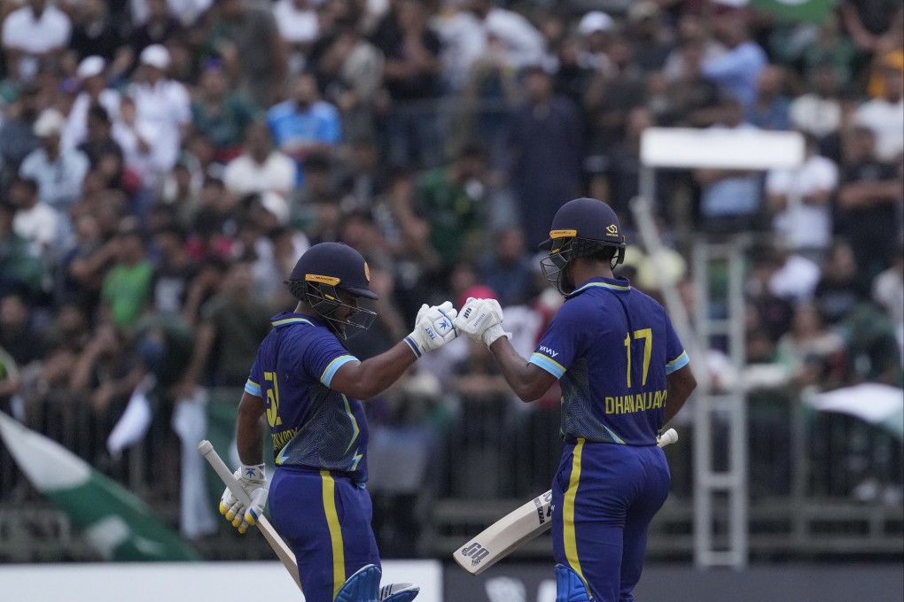 Sri Lanka’s Dhananjaya Lakshan (right) celebrates during the Sixes cup final win over Pakistan last year. Photo: Elson Li