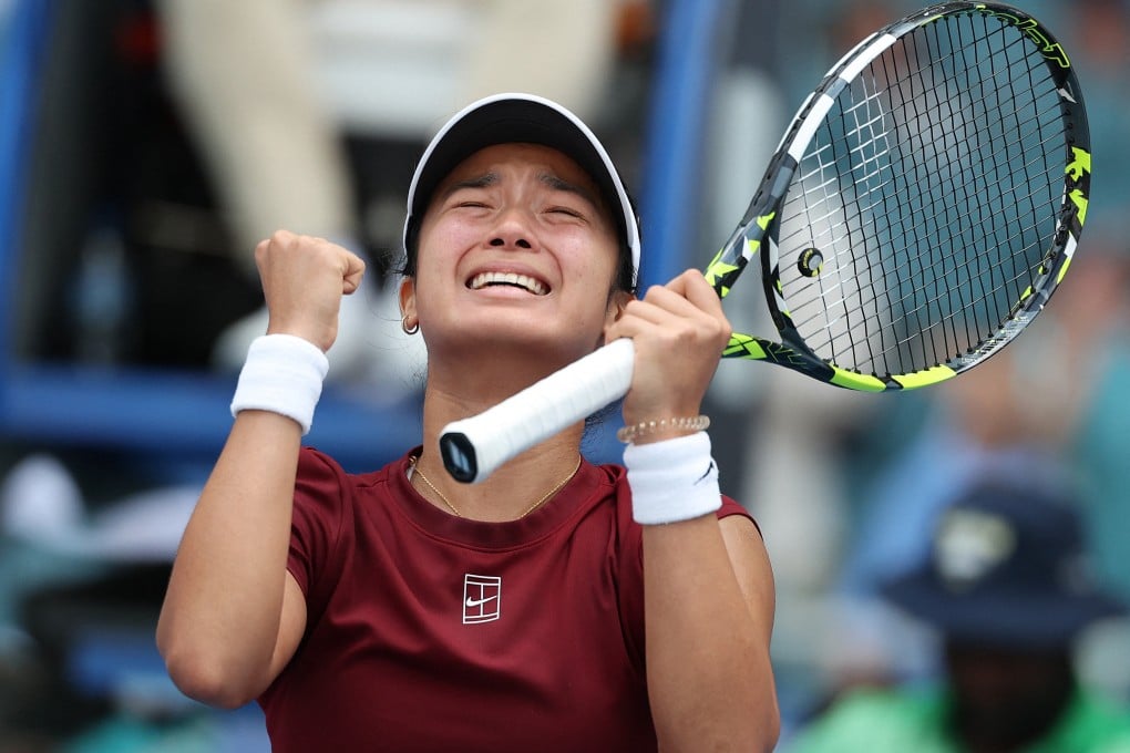 Alexandra Eala of the Philippines celebrates her victory over Iga Swiatek at Hard Rock Stadium. Photo: AFP