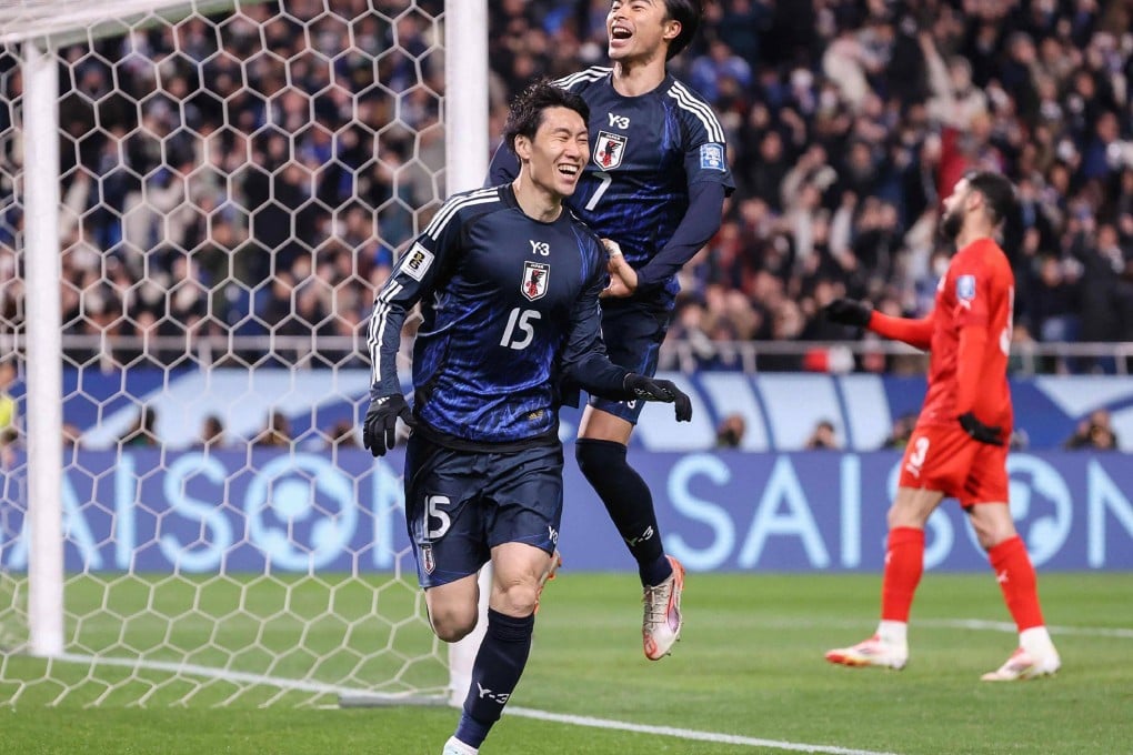 Japan’s Daichi Kamada (left) celebrates his goal in their 2-0 win over Bahrain with Kaoru Mitoma. Photo: AFP
