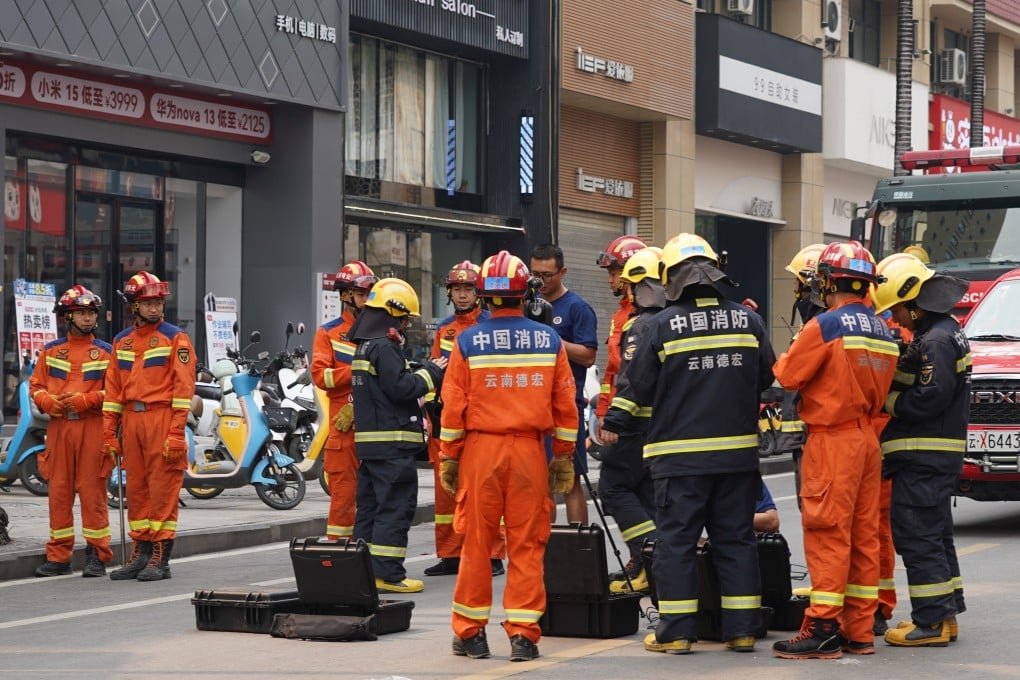 Firefighters prepare to deploy drones to survey the quake-affected area in Ruili, in southwest China’s Yunnan province bordering Myanmar, on March 28. Photo: Xinhua