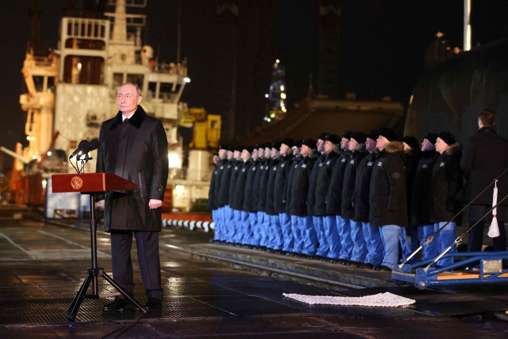 Russia’s President Vladimir Putin attends a ceremony to launch a nuclear-powered submarine project in Murmansk on March 27. Photo: AFP
