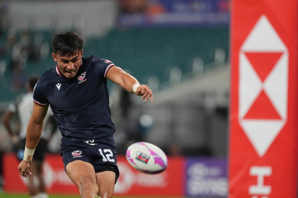 Lucas Lacamp lets fly during USA’s match with Fiji on Friday. Photo: Elson Li