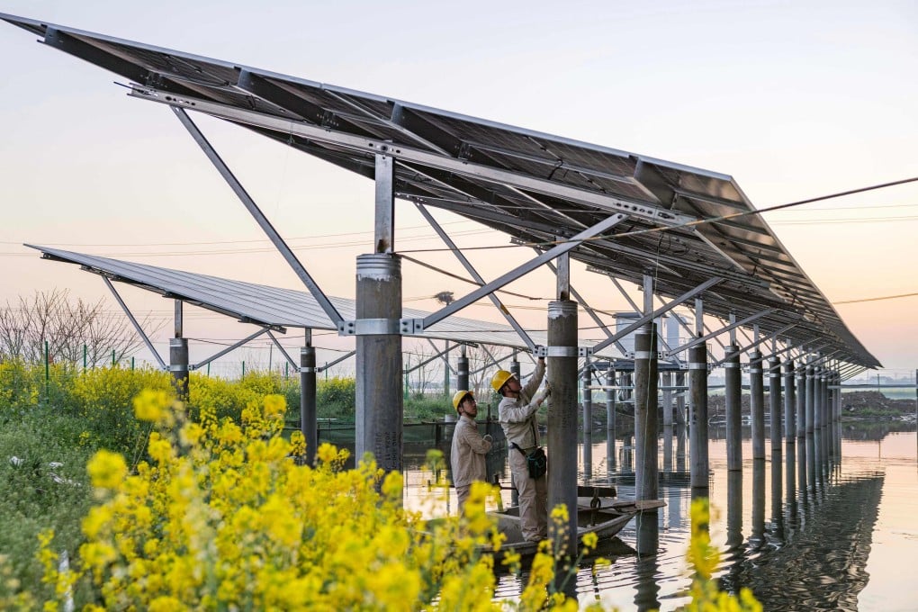 Workers perform maintenance on solar panels next to rapeseed fields in Taizhou, Jiangsu province, on Wednesday. Photo: AFP