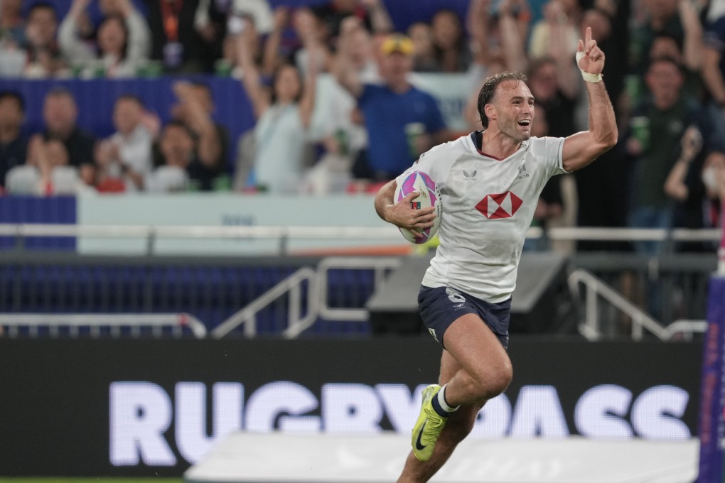 Harry Sayers celebrates his try in Hong Kong’s victory over China. Photo: Sam Tsang